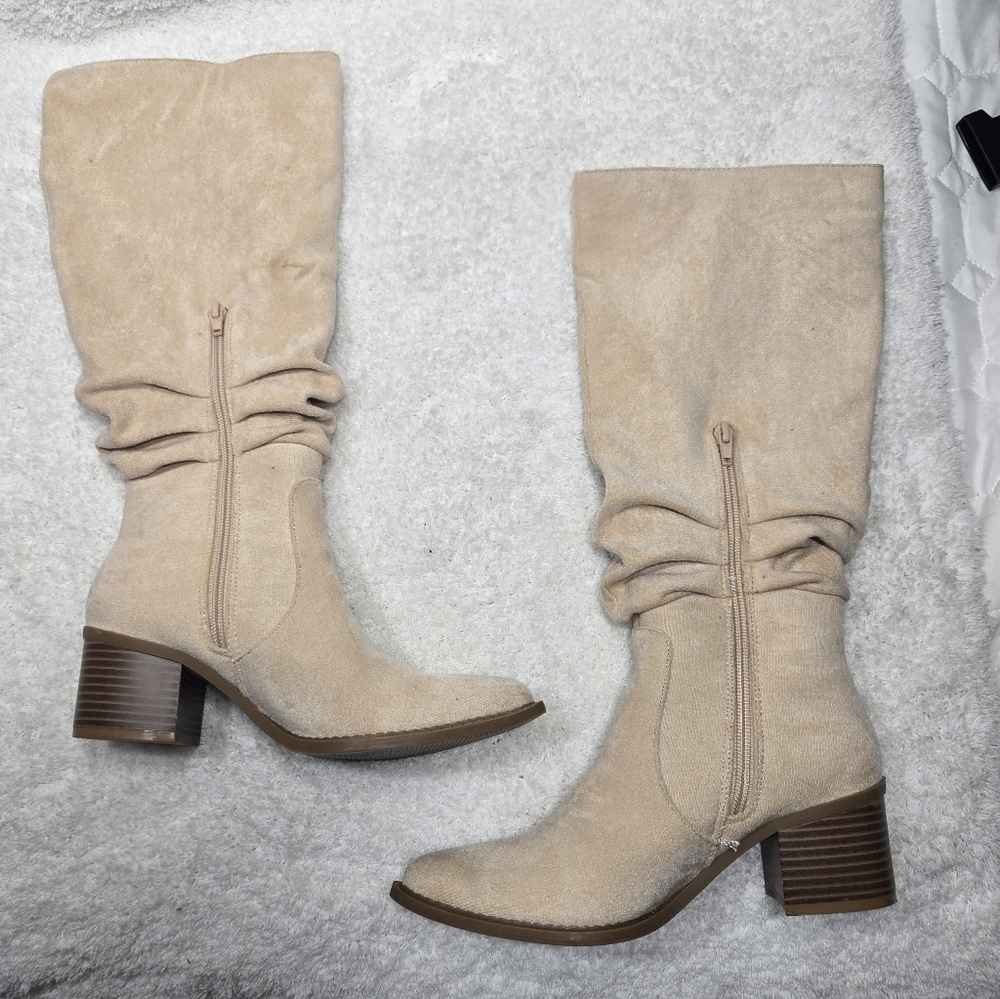Athlefit Women's Chunky Heel Boots Faux Suede Pointed Toe Side Zipper S 5.5 Or 6 - Picture 4 of 9